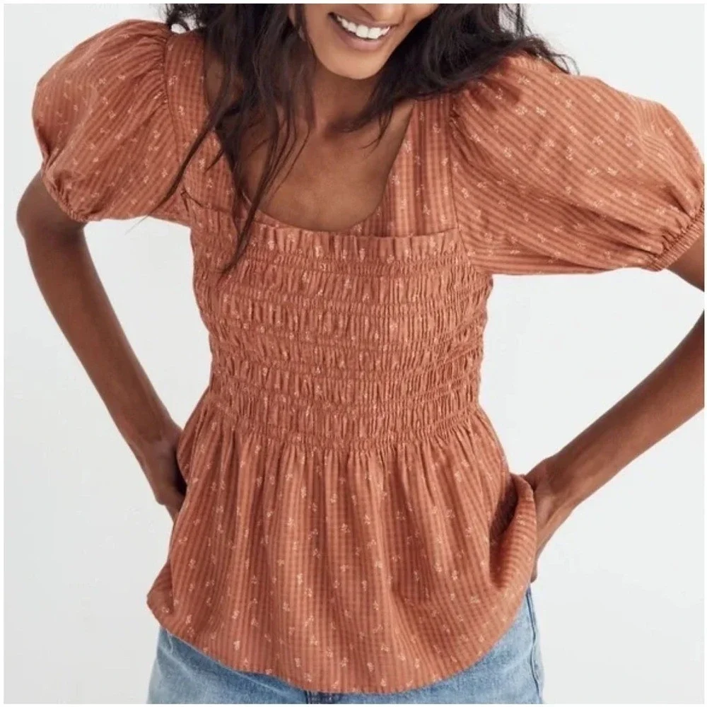 Madewell Smocked Peplum Top Womens 4 Rust Floral Puff Sleeve Square Neck